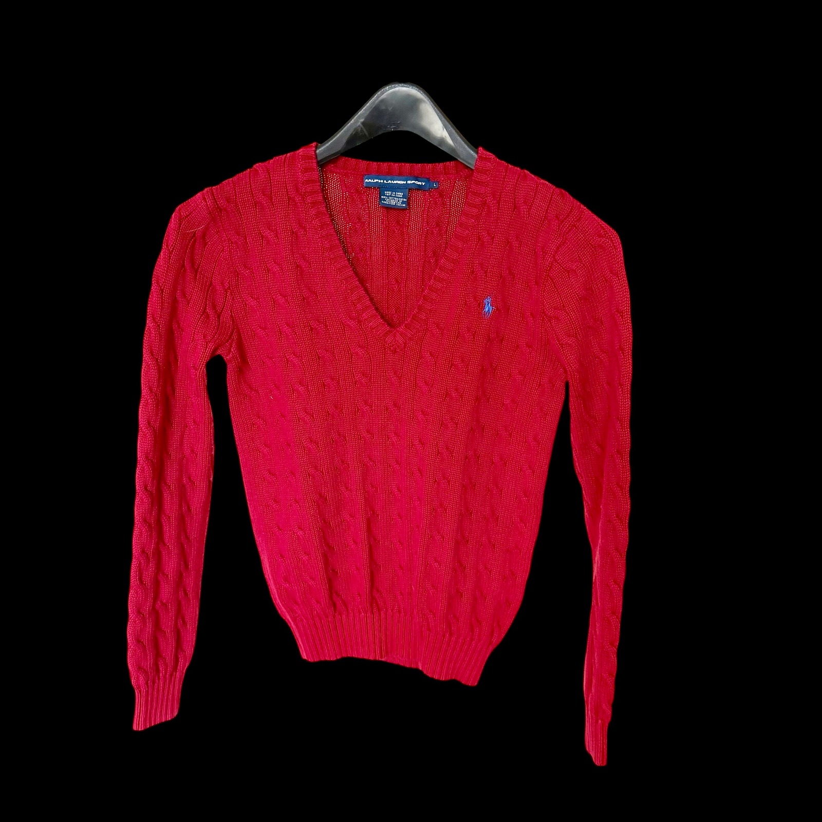 Ralph Lauren Sport Red Cable Knit V-Neck Cotton Sweater Womens Large Blue Pony